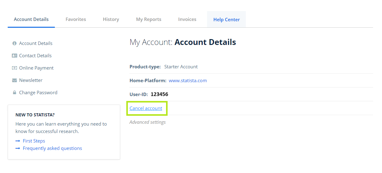 Cancel account button found under Account Details